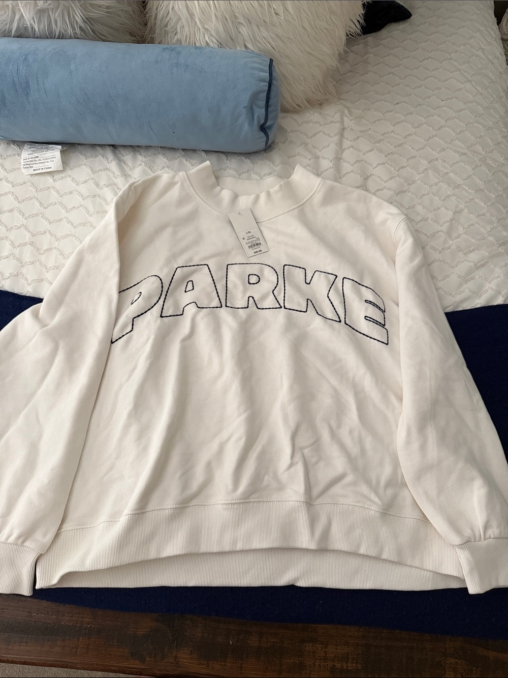 Parker White Crewneck Sweatshirt with Navy Outline Logo